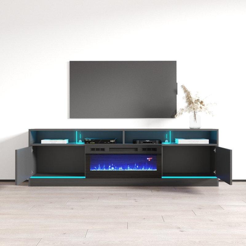 Gri Parlak Elektrikli Şömineli TV Ünitesi - 200 cm - 220825