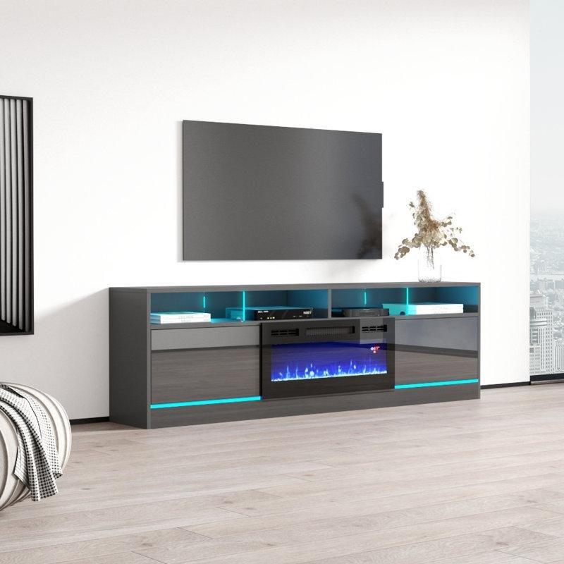 Gri Parlak Elektrikli Şömineli TV Ünitesi - 200 cm - 220825
