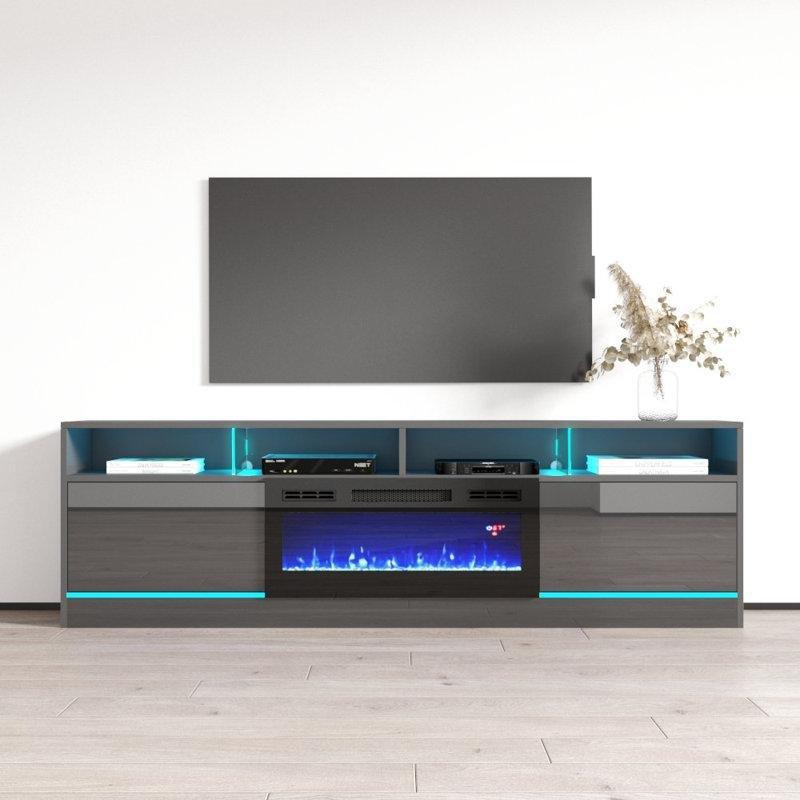 Gri Parlak Elektrikli Şömineli TV Ünitesi - 200 cm - 220825