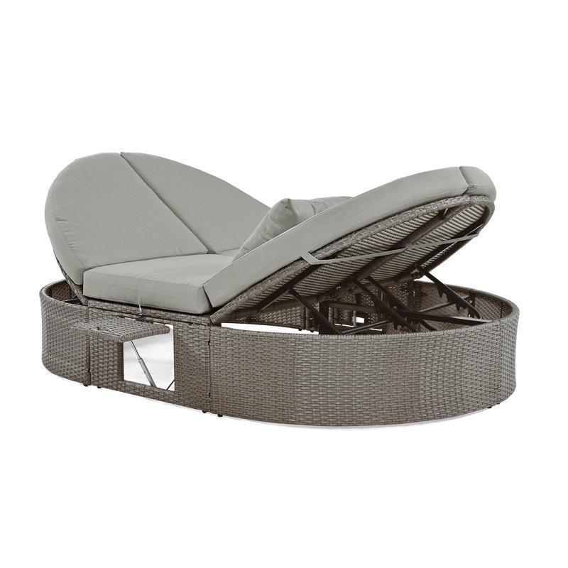 Gri PE Rattan Çift Kişilik Ayarlanabilir ve İçecek Tepsili Minderli Şezlong - 141x200 cm - 171180