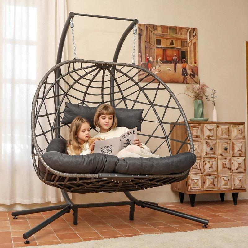 Gri PE Rattan Metal Ayaklı Çift Kişilik Balkon Salıncağı - 160 cm - 174334