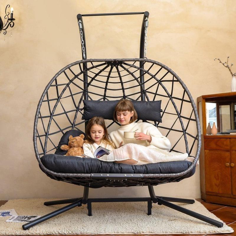 Gri PE Rattan Metal Ayaklı Çift Kişilik Balkon Salıncağı - 160 cm - 174334