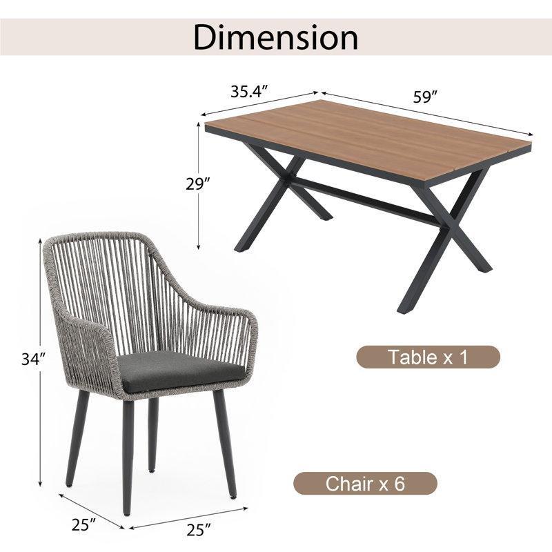 Gri PE Rattan ve Metal Minderli Dikdörtgen 6 Kişilik Bahçe Masa Takımı - 150x90 cm - 213225