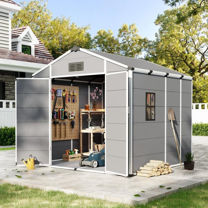 Gri Polipropilen ve Alüminyum Kilitlenebilir Kapılı Dahili Zeminli Bahçe Dolabı - 240x235 cm - 163378