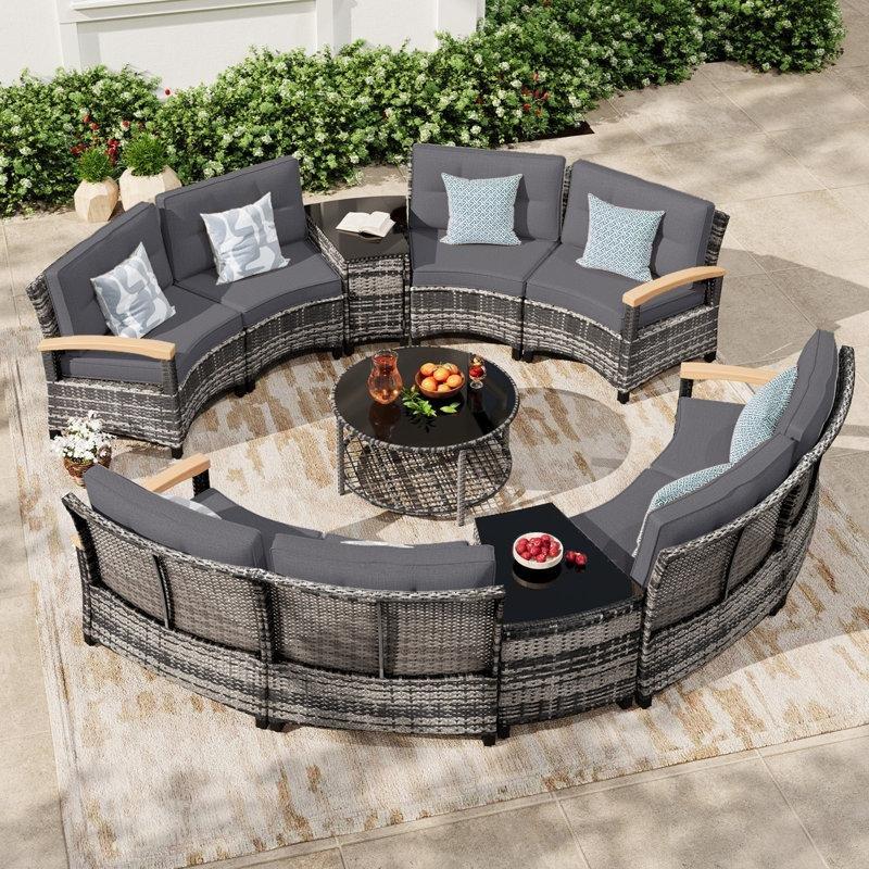 Gri Rattan Ahşap Kolçaklı Yarım Ay Tasarımlı Modüler Bahçe Takımı - 209533