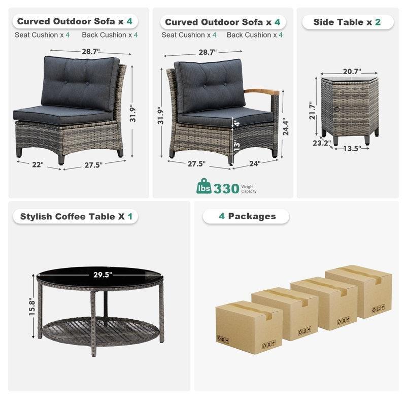 Gri Rattan Ahşap Kolçaklı Yarım Ay Tasarımlı Modüler Bahçe Takımı - 209533