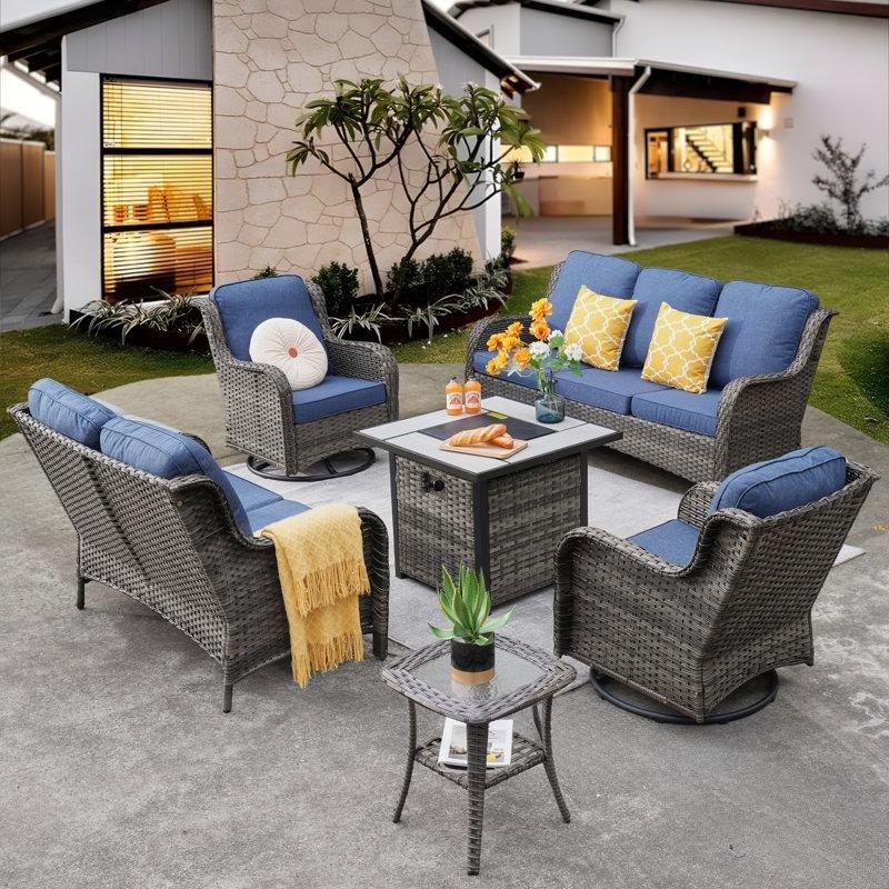 Gri Rattan Ateş Çukurlu ve Sallanır Koltuklu 7 Kişilik Bahçe Takımı - 209244