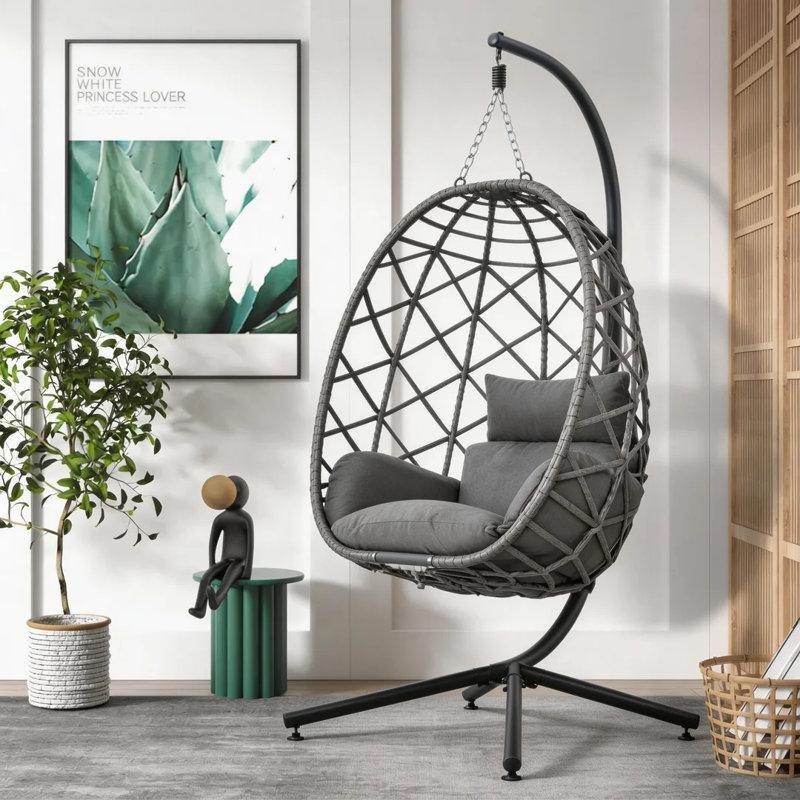 Gri Rattan Ayaklı Tek Kişilik Yumurta Balkon Salıncağı - 174093