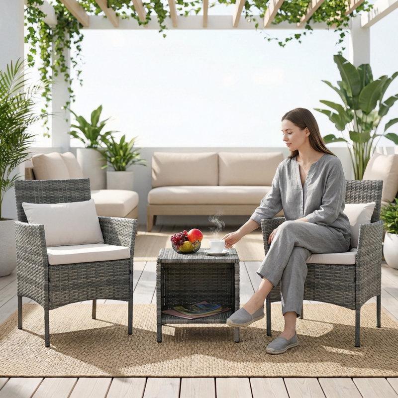 Gri Rattan Depolamalı Minderli 2 Kişilik Bahçe Takımı - 211030
