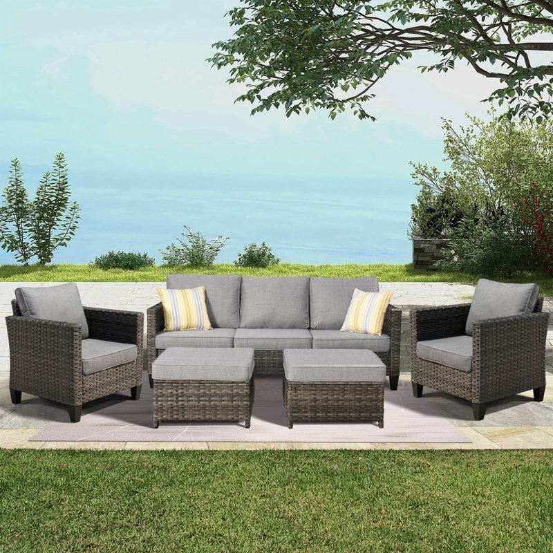 Gri Rattan El Örgüsü 5 Kişilik Minderli ve Puflu Bahçe Takımı - 209472