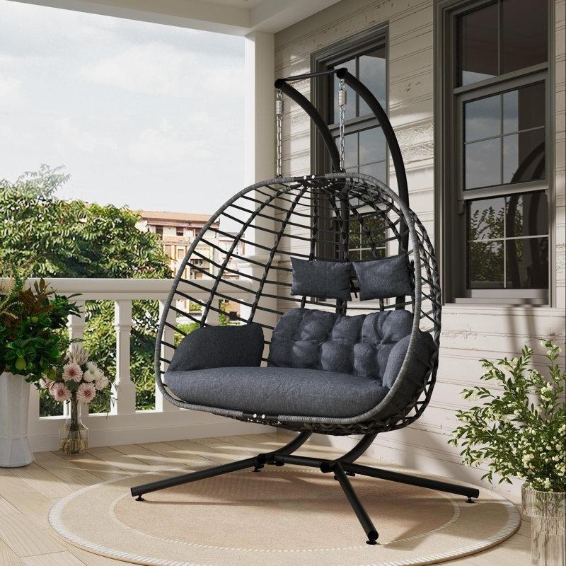 Gri Rattan Metal Ayaklı Çift Kişilik Balkon Salıncağı - 161 cm - 175176