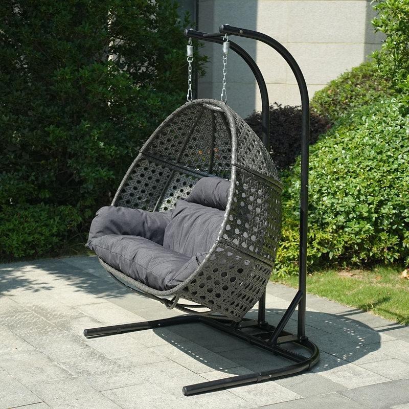 Gri Rattan Metal Ayaklı Çift Kişilik Minderli Balkon Salıncağı - 173987