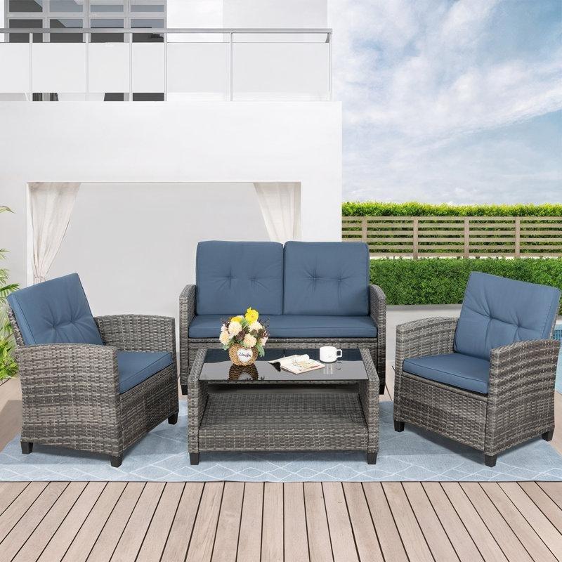 Gri Rattan Minderli 4 Parça Cam Tablalı Bahçe Takımı - 212628