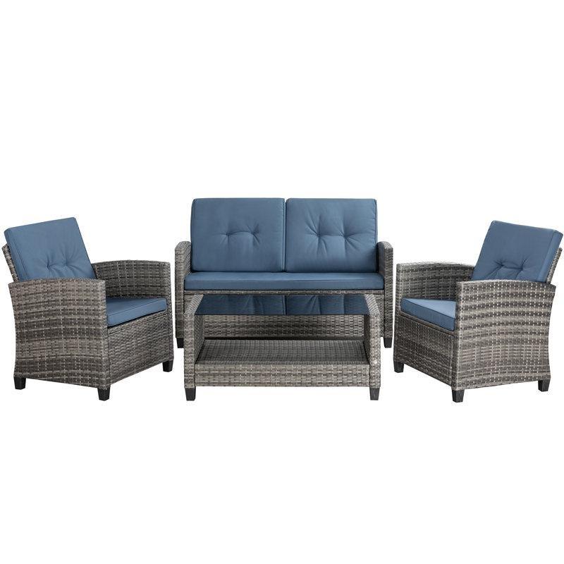 Gri Rattan Minderli 4 Parça Cam Tablalı Bahçe Takımı - 212628