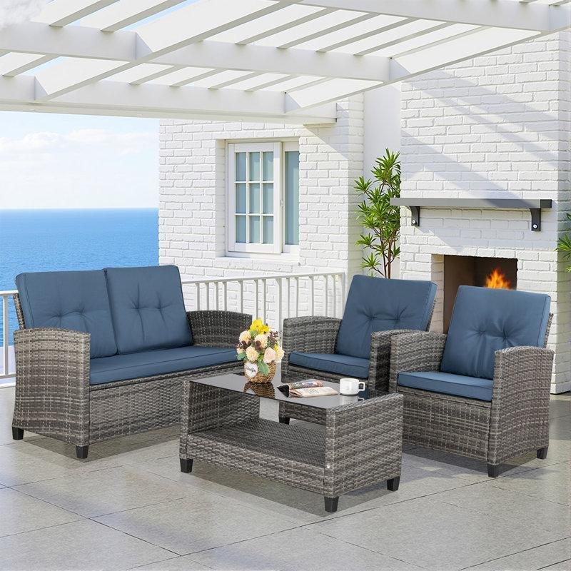 Gri Rattan Minderli 4 Parça Cam Tablalı Bahçe Takımı - 212628