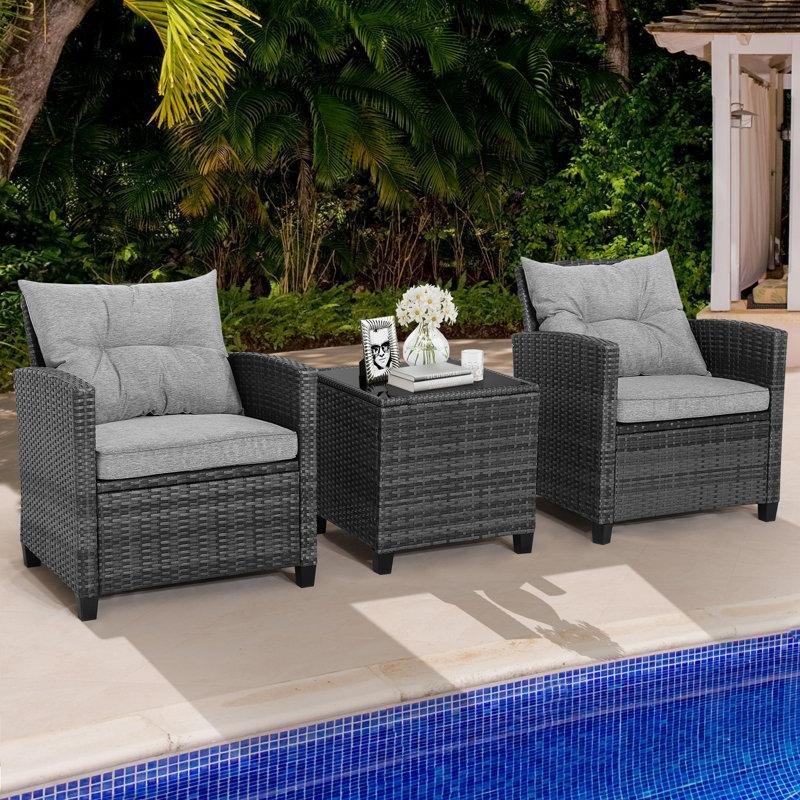 Gri Rattan Minderli Cam Tablalı 2 Kişilik Bahçe Takımı - 210949