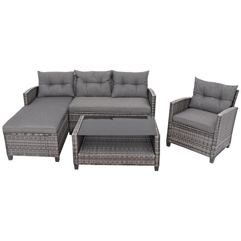 Gri Rattan Minderli Cam Tablalı 4 Kişilik Bahçe Takımı - 210700