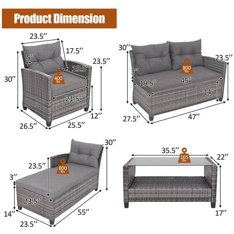 Gri Rattan Minderli Cam Tablalı 4 Kişilik Bahçe Takımı - 210700