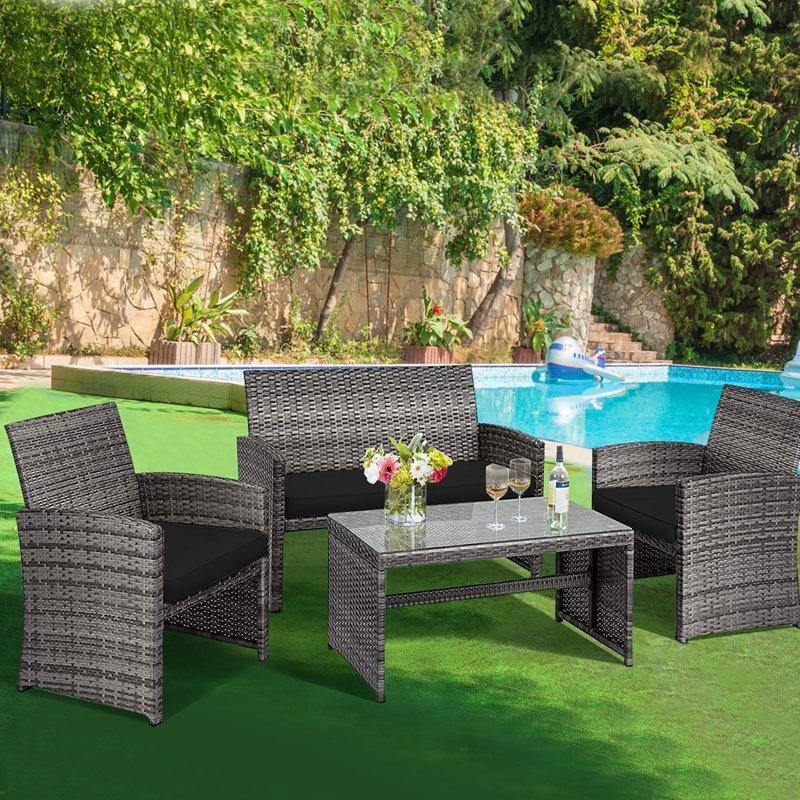 Gri Rattan Minderli Cam Tablalı Bahçe Takımı - 211301