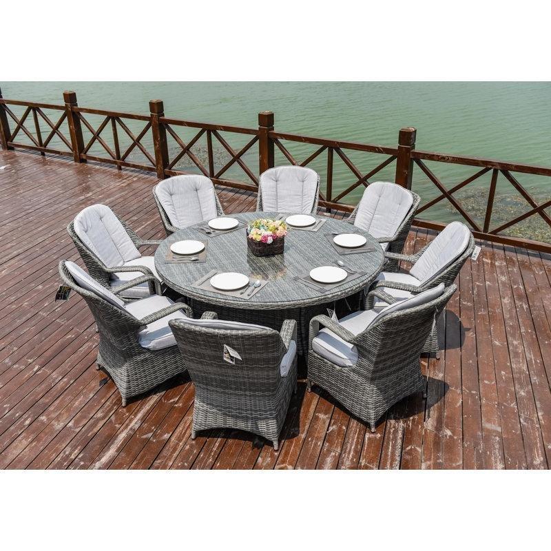 Gri Rattan Minderli Şemsiye Delikli 8 Kişilik Yuvarlak Bahçe Masa Takımı - 215972