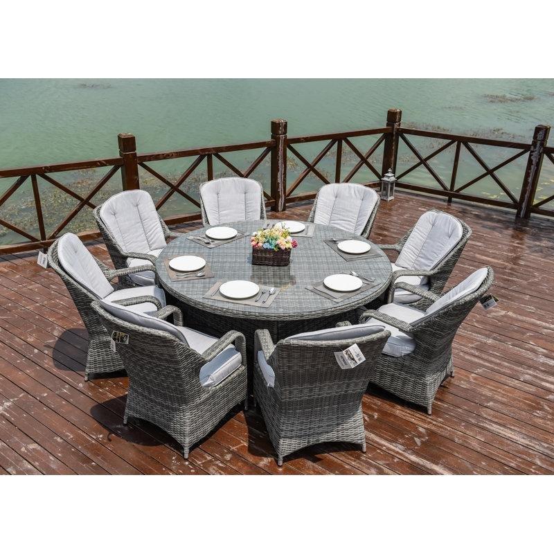 Gri Rattan Minderli Şemsiye Delikli 8 Kişilik Yuvarlak Bahçe Masa Takımı - 215972