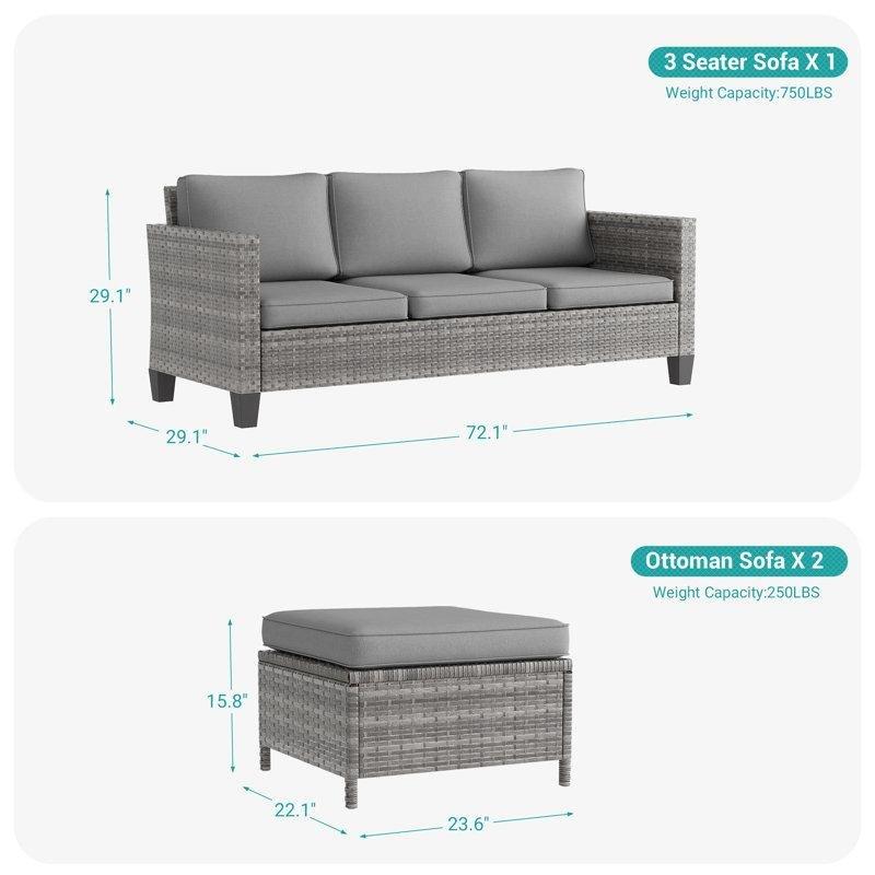 Gri Rattan Puflu 3 Kişilik Minderli Bahçe Takımı - 184 cm - 210136