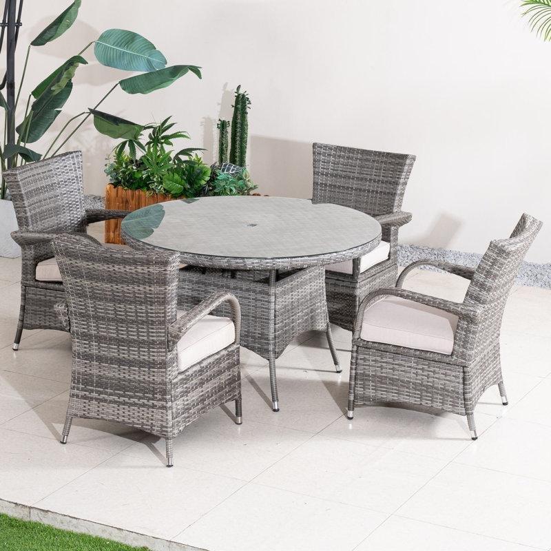 Gri Rattan Şemsiye Delikli Minderli 4 Kişilik Bahçe Masa Takımı - 120 cm - 216085