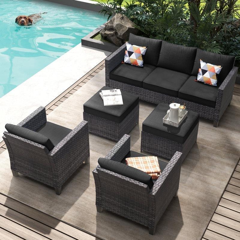 Gri Rattan Siyah Minderli 7 Kişilik Puflu Bahçe Takımı - 209248
