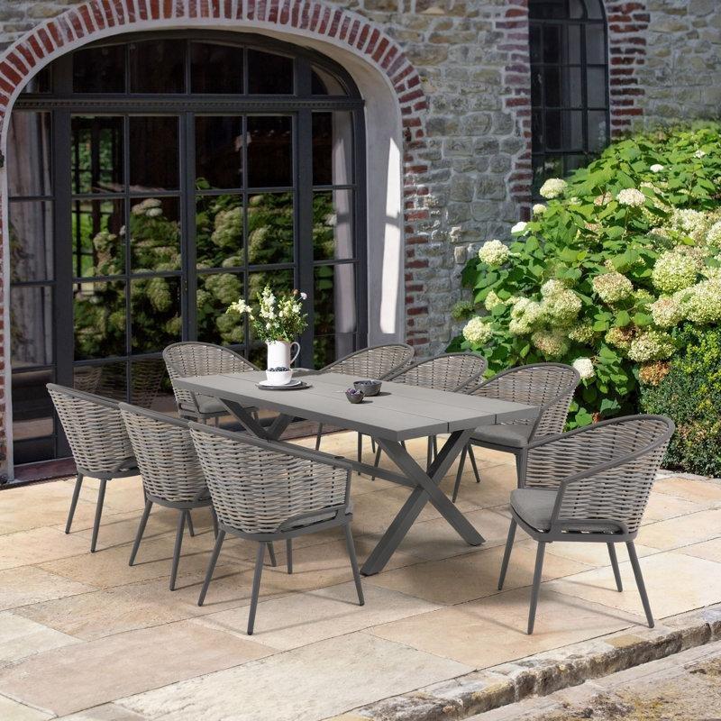 Gri Rattan ve Metal Minderli 8 Kişilik Dikdörtgen Bahçe Masa Takımı - 194x91 cm - 215826