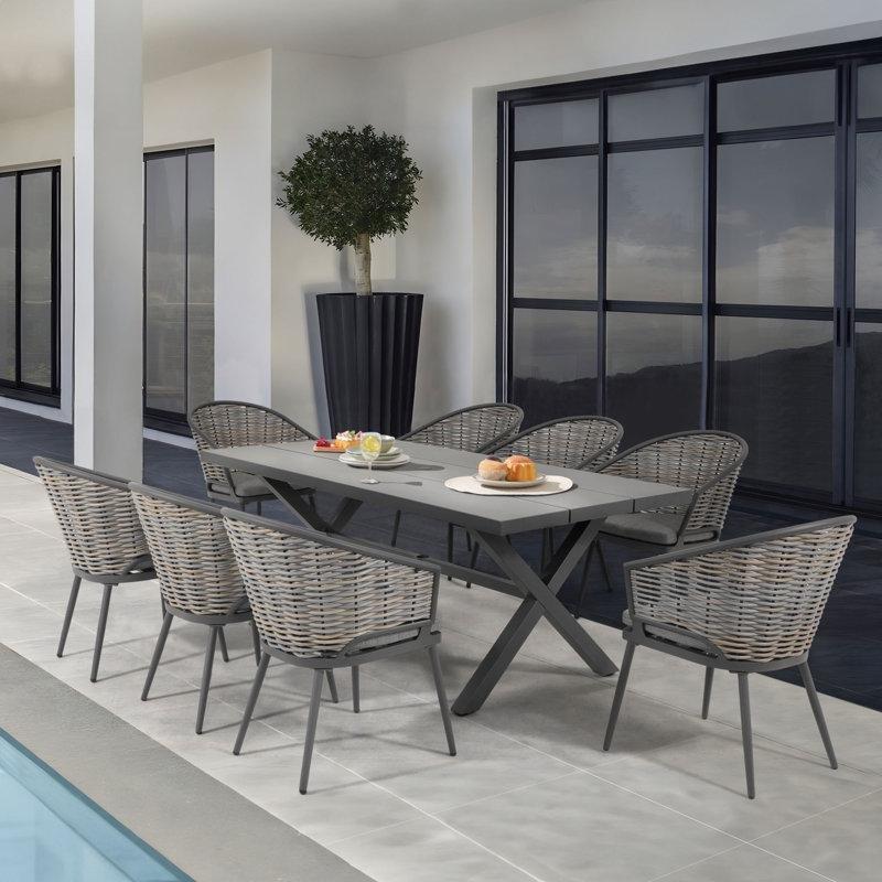Gri Rattan ve Metal Minderli 8 Kişilik Dikdörtgen Bahçe Masa Takımı - 194x91 cm - 215826