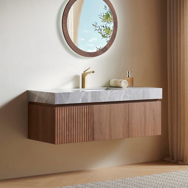 Gri Sinterlenmiş Taş Tezgahlı Çizgili Masif Meşe Duvara Monte Banyo Lavabo Dolabı - 122 cm - 198881