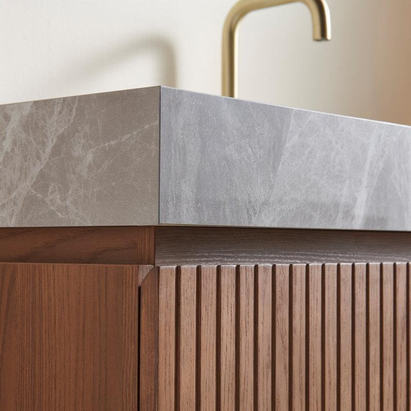 Gri Sinterlenmiş Taş Tezgahlı Çizgili Masif Meşe Duvara Monte Banyo Lavabo Dolabı - 122 cm - 198881