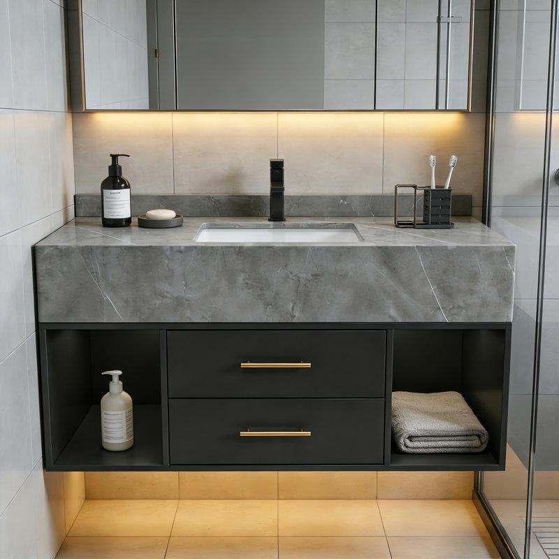 Gri Sinterlenmiş Taş Tezgahlı Siyah Duvara Monte Çekmeceli Gold Kulplu Banyo Lavabo Dolabı - 100 cm - 197737