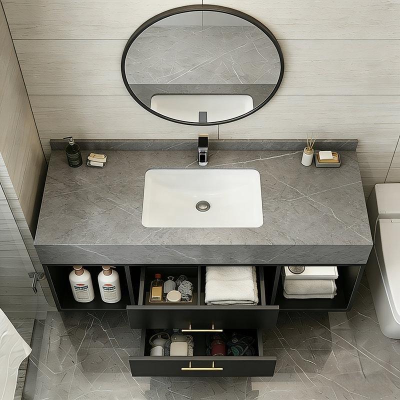Gri Sinterlenmiş Taş Tezgahlı Siyah Duvara Monte Çekmeceli Gold Kulplu Banyo Lavabo Dolabı - 100 cm - 197737