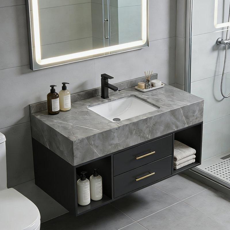 Gri Sinterlenmiş Taş Tezgahlı Siyah Duvara Monte Çekmeceli Gold Kulplu Banyo Lavabo Dolabı - 100 cm - 197737