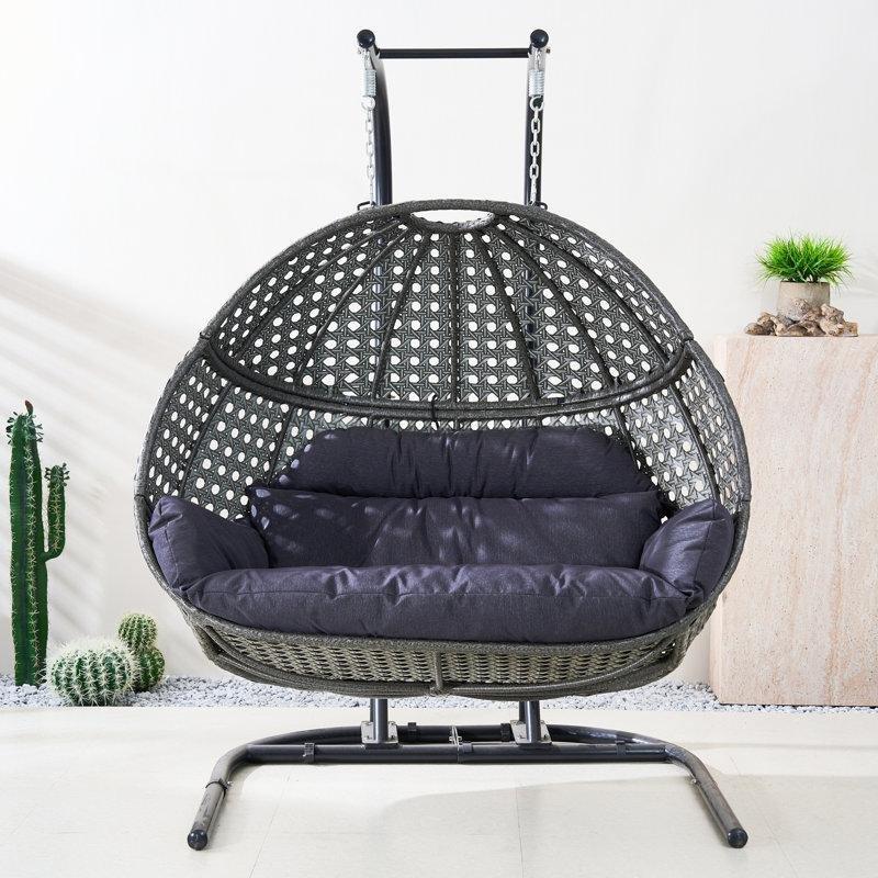 Gri Siyah Metal Ayaklı Çift Kişilik PE Hasır Balkon Salıncağı - 135x115 cm - 175006