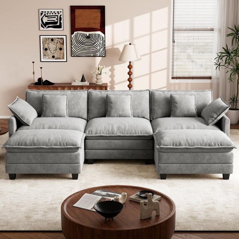 Gri Şönil Kumaş Modüler U Şekilli 5 Kişilik Puflu Köşe Koltuk Takımı - 284 cm - 194352