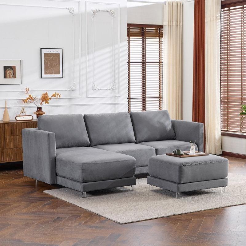 Gri Süet Akrilik Ayaklı U Şekilli Modüler Köşe Koltuk Takımı - 263 cm - 194394