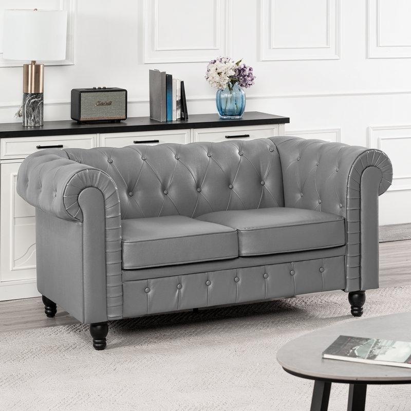 Gri Suni Deri Kapitoneli Chesterfield İkili Koltuk - 169 cm - 206041