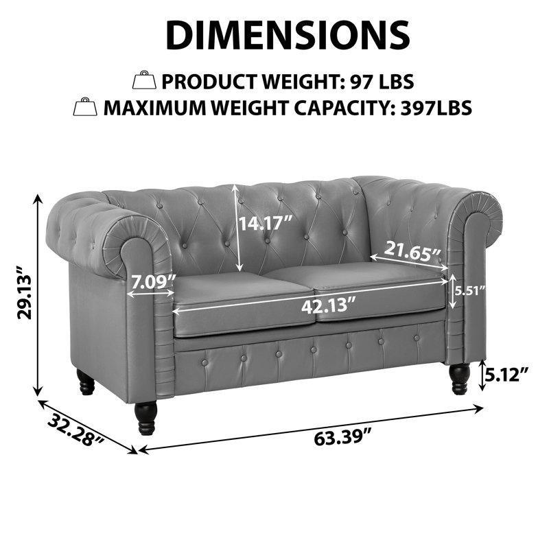 Gri Suni Deri Kapitoneli Chesterfield İkili Koltuk - 169 cm - 206041