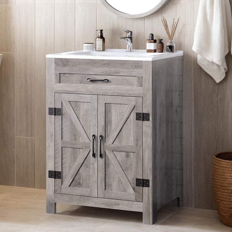 Gri Sunta Sürgülü Kapaklı Seramik Lavabolu Banyo Dolabı - 62 cm - 198396
