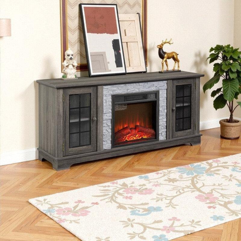 Gri Taş Görünümlü Elektrikli Şömineli MDF TV Ünitesi - 149 cm - 220579