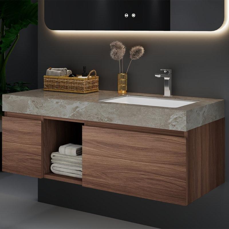Gri Taş Tezgahlı Ceviz Masif Ahşap Duvara Monte 2 Çekmeceli Banyo Lavabo Dolabı - 122 cm - 197982