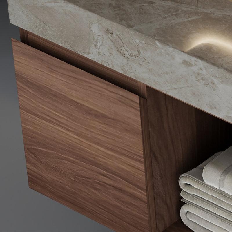 Gri Taş Tezgahlı Ceviz Masif Ahşap Duvara Monte 2 Çekmeceli Banyo Lavabo Dolabı - 122 cm - 197982
