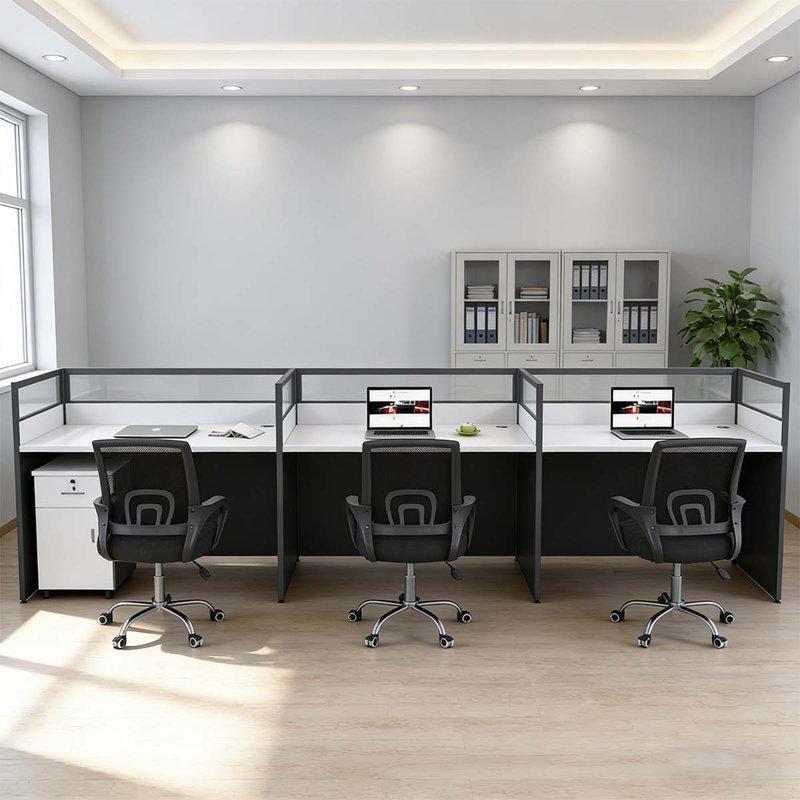 Gri ve Beyaz Alüminyum Çerçeveli Üç Kişilik Bölmeli Kablo Kanallı Ofis Masası - 176724