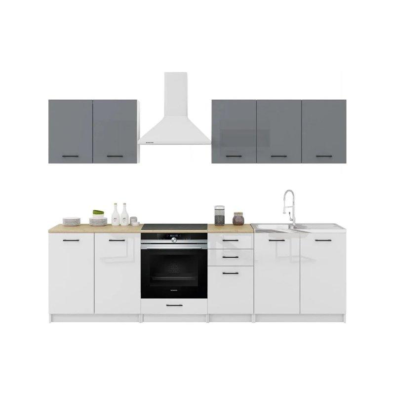 Gri ve Beyaz Lake 7 Parça Parlak Ankastre Fırın Bölmeli MDF Mutfak Dolabı Seti - 260 cm - 186622