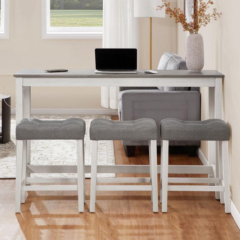 Gri ve Beyaz Prizli 3 Tabureli Masif Ahşap Koltuk Arkası Dresuar Seti - 150 cm - 217641