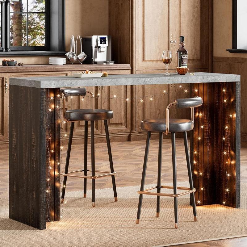 Gri ve Ceviz Endüstriyel Ahşap LED Aydınlatmalı T-Tabanlı Bar Masası - 140 cm - 231374