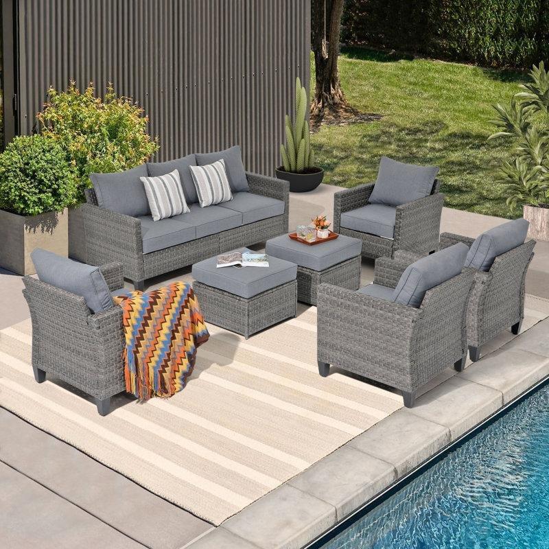 Gri ve Lacivert Minderli 7 Kişilik Puflu Rattan Bahçe Takımı - 208843