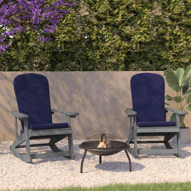 Gri ve Mavi Minderli Polistiren Katlanır Adirondack Sallanan Sandalye 2li Set - 219561